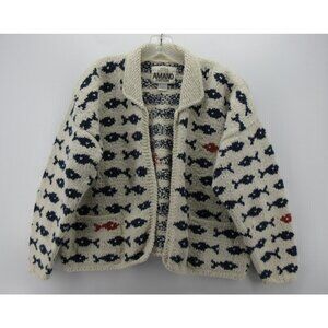 VINTAGE Amano Sweater XL Cream Open Cardigan Crop Fish AOP Cotton